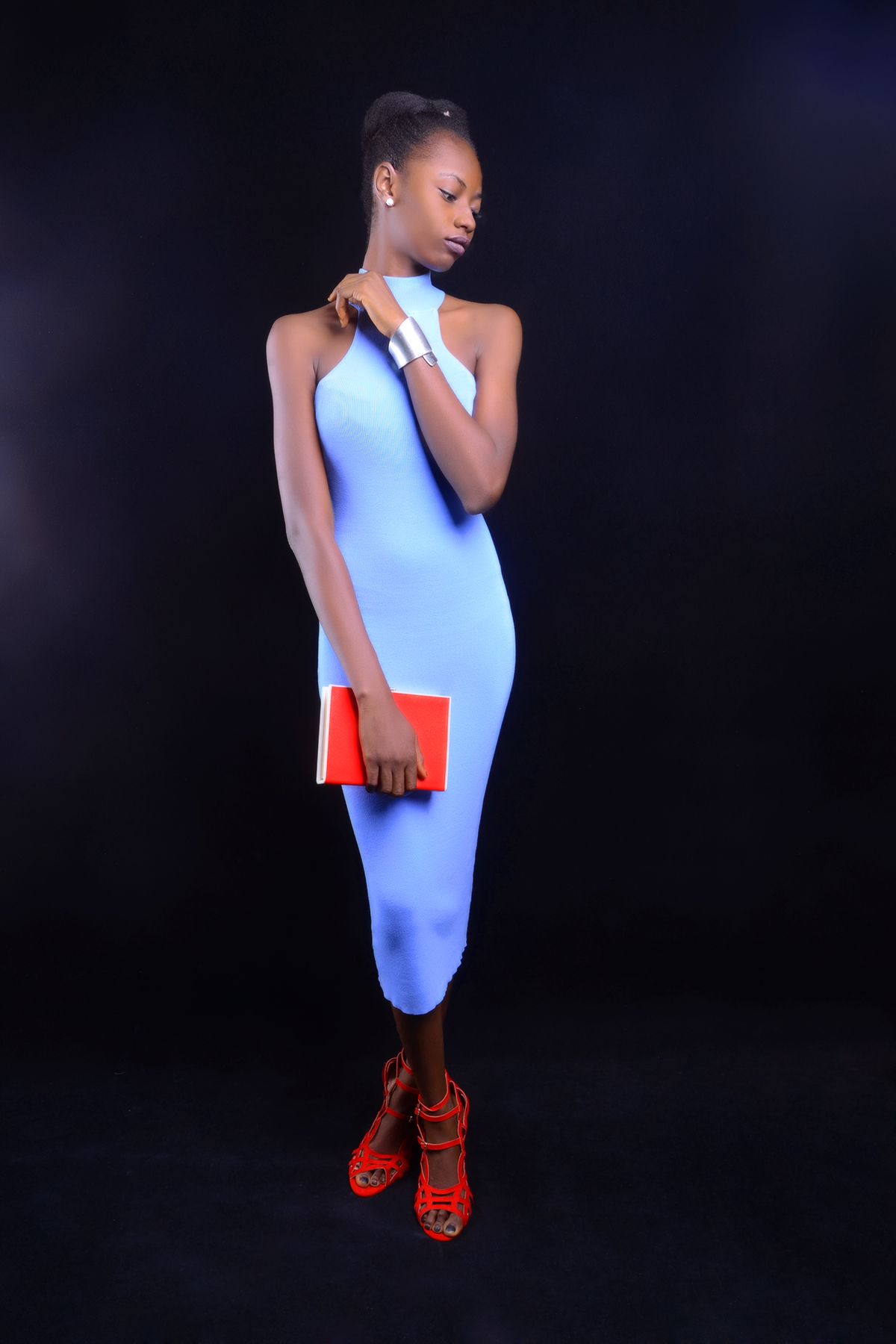 Sky-blue marled-mock body-con dress